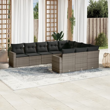 10-teilige Gartensofagarnitur mit grauen synthetischen Rattankissen von , Modulare Sofas für den Außenbereich - Ref: Foro24-3...