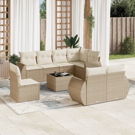 9-teiliges Gartensofa-Set mit beigen synthetischen Rattankissen von , Modulare Sofas für den Außenbereich - Ref: Foro24-32216...