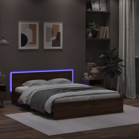 Oak brown headboard bed frame and LED lights 160x200 cm by , Beds and slatted bases - Ref: Foro24-3207601, Price: 187,03 €, D...