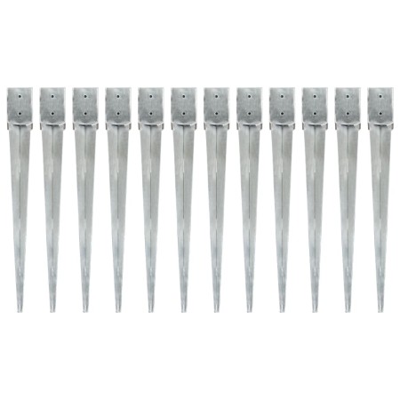 Ground spikes 12 pcs silver galvanized steel 10x10x91 cm by vidaXL, Spikes for anchoring in the ground - Ref: Foro24-145424, ...