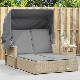 Doppelte Sonnenliege mit Verdeck und beigefarbenen synthetischen Rattan-Kissen von , Liegen - Ref: Foro24-365811, Preis: 349,...