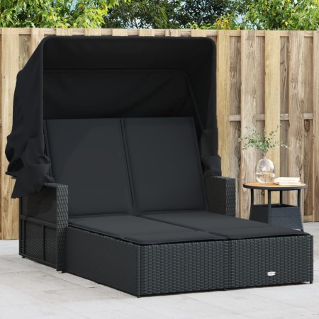 Double sun lounger with hood and black synthetic rattan cushions by , Loungers - Ref: Foro24-365807, Price: 345,50 €, Discoun...