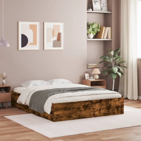 Smoked oak engineered wood bed with drawers 140x200 cm by , Beds and slatted bases - Ref: Foro24-3207277, Price: 172,53 €, Di...