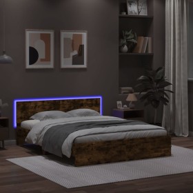 Estructura de cama cabecero y luces LED roble ahumado 160x200cm de , Camas y somieres - Ref: Foro24-3207599, Precio: 177,99 €...