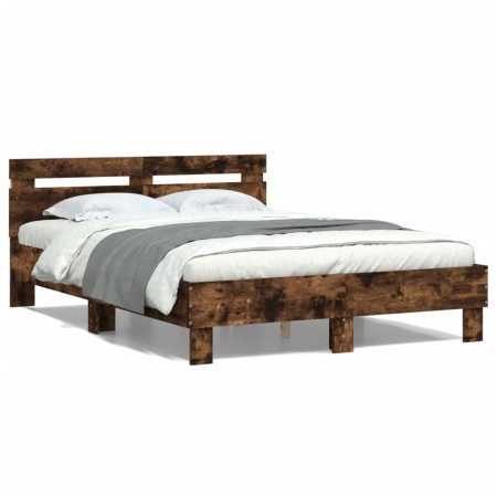 Smoked oak bed frame with headboard and LED lights 120x190cm by , Beds and slatted bases - Ref: Foro24-3207578, Price: 139,34...