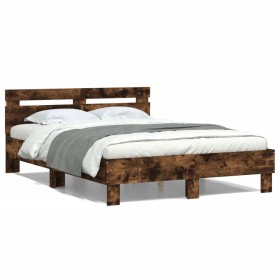 Estructura de cama cabecero y luces LED roble ahumado 135x190cm de , Camas y somieres - Ref: Foro24-3207571, Precio: 147,64 €...