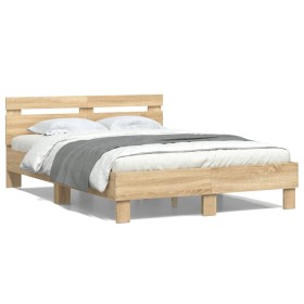 Sonoma oak bed frame with headboard and LED lights 120x190 cm by , Beds and slatted bases - Ref: Foro24-3207576, Price: 141,0...