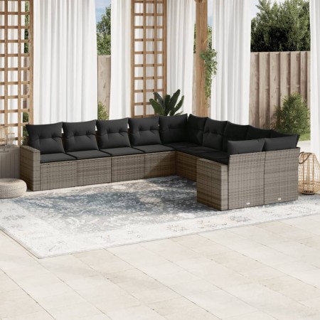 10-teilige Gartensofagarnitur mit grauen synthetischen Rattankissen von , Modulare Sofas für den Außenbereich - Ref: Foro24-3...