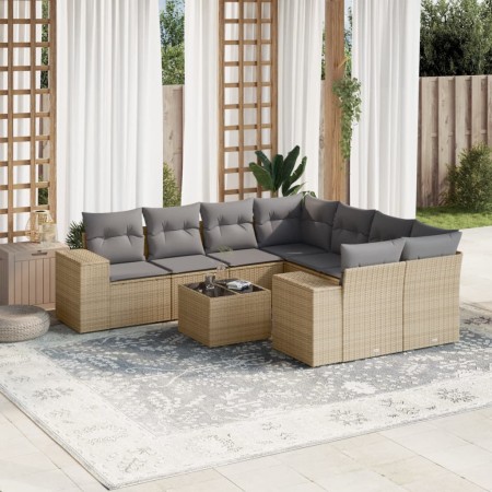 9-teiliges Gartensofa-Set mit beigen synthetischen Rattankissen von , Modulare Sofas für den Außenbereich - Ref: Foro24-32223...