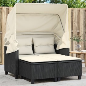 2-Sitzer-Gartensofa mit Markise und schwarzen PE-Rattanhockern von , Outdoor-Sofas - Ref: Foro24-365780, Preis: 368,99 €, Rab...