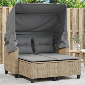 Garden sofa for 2 people with canopy and beige PE rattan stools by , Outdoor sofas - Ref: Foro24-365785, Price: 394,99 €, Dis...