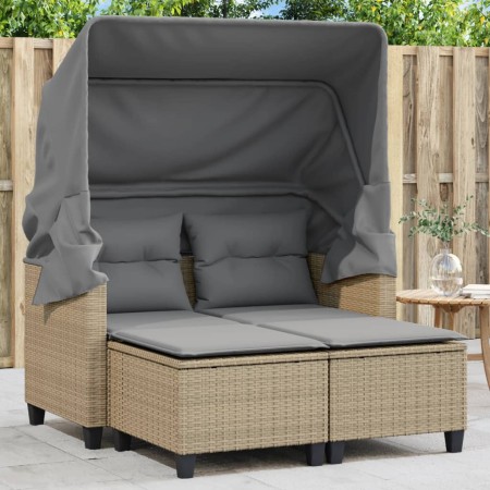 Garden sofa for 2 people with canopy and beige PE rattan stools by , Outdoor sofas - Ref: Foro24-365785, Price: 393,37 €, Dis...