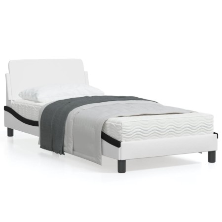 Bed frame with black and white synthetic leather headboard by , Beds and slatted bases - Ref: Foro24-373124, Price: 115,99 €,...