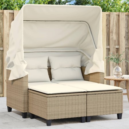 2-seater garden sofa with hood and beige PE rattan stools by , Outdoor sofas - Ref: Foro24-365784, Price: 408,99 €, Discount: %