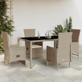 5-teiliges Garten-Essset mit beigen Kissen aus synthetischem Rattan von , Gartensets - Ref: Foro24-3277575, Preis: 529,54 €, ...