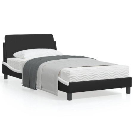 Bed frame with black and white synthetic leather headboard by , Beds and slatted bases - Ref: Foro24-373143, Price: 108,11 €,...