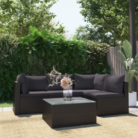 Set muebles de jardín 5 piezas y cojines ratán sintético negro de vidaXL, Sofás modulares de exterior - Ref: Foro24-46554, Pr...