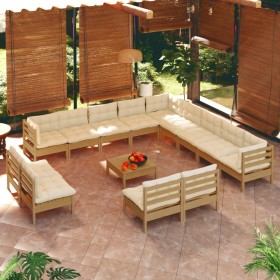 Garden furniture set 14 pieces and cushions made of honey brown pine wood. by , Garden sets - Ref: Foro24-3096896, Price: 1,0...