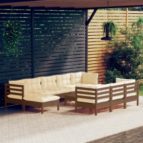 Garden furniture set 11 pieces and cushions made of honey brown pine wood. by , Garden sets - Ref: Foro24-3097148, Price: 1,0...