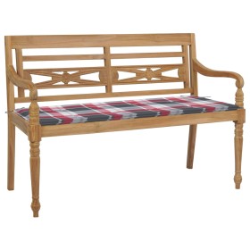 Batavia solid teak wood bench with red checkered cushion 120 cm by , garden benches - Ref: Foro24-3062167, Price: 206,99 €, D...