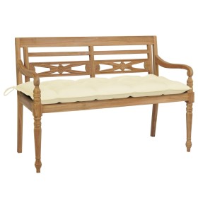 Banco Batavia de teca maciza con cojín blanco crema 120 cm de , Bancos de jardín - Ref: Foro24-3062171, Precio: 206,99 €, Des...