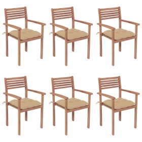 Stackable garden chairs, set of 6, made of teak wood with cushions. by , Garden chairs - Ref: Foro24-3072590, Price: 500,99 €...