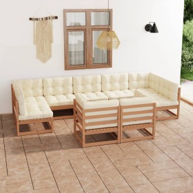 9-piece garden furniture set with cushions, made of brown honey pine wood. by , Garden sets - Ref: Foro24-3077257, Price: 1,0...