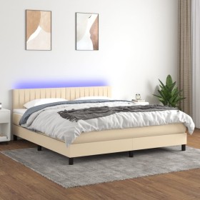 Cama box spring colchón y luces LED tela crema 160x200 cm de , Camas y somieres - Ref: Foro24-3133330, Precio: 527,61 €, Desc...