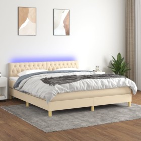 Cama box spring con colchón y LED tela crema 180x200 cm de , Camas y somieres - Ref: Foro24-3133978, Precio: 565,55 €, Descue...