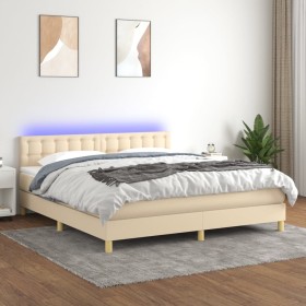 Cama box spring con colchón y LED tela crema 180x200 cm de , Camas y somieres - Ref: Foro24-3134058, Precio: 552,11 €, Descue...