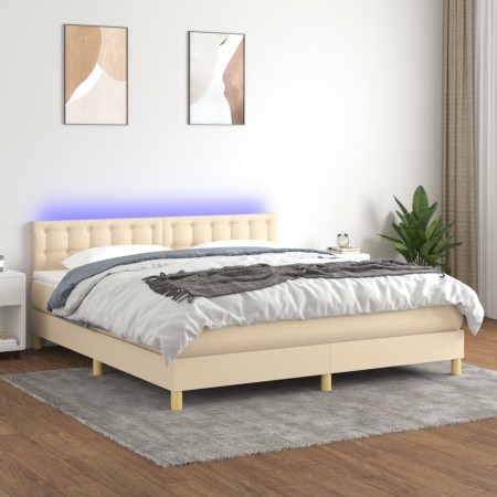 Cama box spring con colchón y LED tela crema 180x200 cm de , Camas y somieres - Ref: Foro24-3134058, Precio: 559,56 €, Descue...