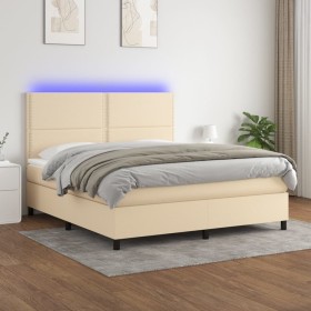 Cama box spring colchón y luces LED tela crema 180x200 cm de , Camas y somieres - Ref: Foro24-3134818, Precio: 594,96 €, Desc...