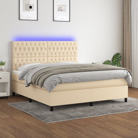 Cama box spring colchón y luces LED tela crema 180x200 cm de , Camas y somieres - Ref: Foro24-3135138, Precio: 646,54 €, Desc...