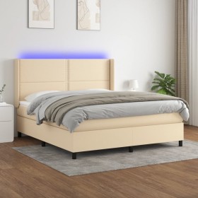 Box spring bed mattress and LED lights cream fabric 160x200 cm by , Beds and slatted bases - Ref: Foro24-3138250, Price: 610,...