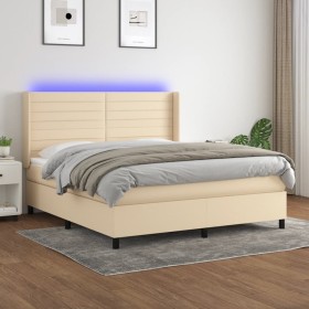 Cama box spring colchón y luces LED tela crema 180x200 cm de , Camas y somieres - Ref: Foro24-3138418, Precio: 630,35 €, Desc...