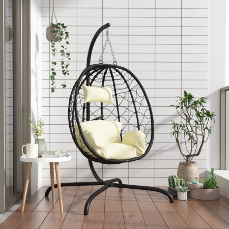 Hanging egg chair made of steel, synthetic rattan, with a white cream cushion. by , Garden rockers - Ref: Foro24-360046, Pric...