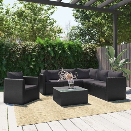 Gartenmöbel- und Kissenset, 7-teilig, schwarzes synthetisches Rattan von vidaXL, Modulare Sofas für den Außenbereich - Ref: F...