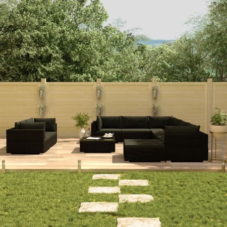 Set muebles de jardín 10 piezas y cojines ratán sintético negro de vidaXL, Conjuntos de jardín - Ref: Foro24-46755, Precio: 1...