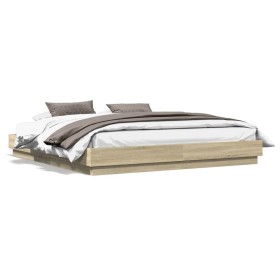 Estructura de cama con luces LED roble Sonoma 200x200 cm de , Camas y somieres - Ref: Foro24-3209767, Precio: 150,99 €, Descu...