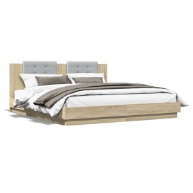 Bed frame headboard LED lights Sonoma oak 180x200 cm by , Beds and slatted bases - Ref: Foro24-3209991, Price: 207,31 €, Disc...