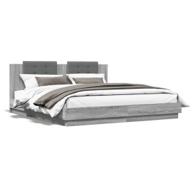 Bed frame headboard LED lights Sonoma gray 200x200 cm by , Beds and slatted bases - Ref: Foro24-3209987, Price: 266,99 €, Dis...