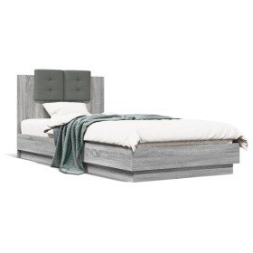 Bed frame headboard LED lights Sonoma gray 100x200 cm by , Beds and slatted bases - Ref: Foro24-3210029, Price: 176,55 €, Dis...