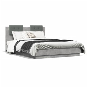 Estructura de cama cabecero luces LED gris hormigón 135x190 cm de , Camas y somieres - Ref: Foro24-3210048, Precio: 184,99 €,...