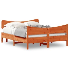 Bed frame with wax brown pine wood headboard 135x190 cm by , Beds and slatted bases - Ref: Foro24-3216398, Price: 205,83 €, D...