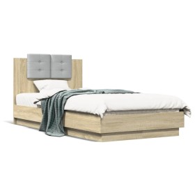 Sonoma oak engineered wood bed with headboard 90x190 cm by , Beds and slatted bases - Ref: Foro24-3209970, Price: 138,99 €, D...