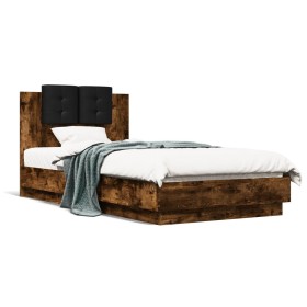 Smoked oak engineered wood bed with headboard 90x190 cm by , Beds and slatted bases - Ref: Foro24-3209972, Price: 154,58 €, D...