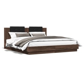 Oak brown engineered wood bed with headboard 160x200 cm by , Beds and slatted bases - Ref: Foro24-3209911, Price: 261,43 €, D...