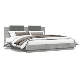 Cama con cabecero madera ingeniería gris hormigón 200x200 cm de , Camas y somieres - Ref: Foro24-3209894, Precio: 236,99 €, D...