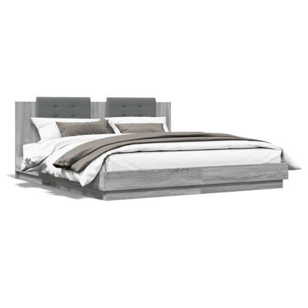 Sonoma gray engineered wood bed with headboard 200x200 cm by , Beds and slatted bases - Ref: Foro24-3209896, Price: 243,26 €,...