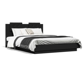 Bed frame with black engineered wood headboard 150x200 cm by , Beds and slatted bases - Ref: Foro24-3209913, Price: 185,99 €,...